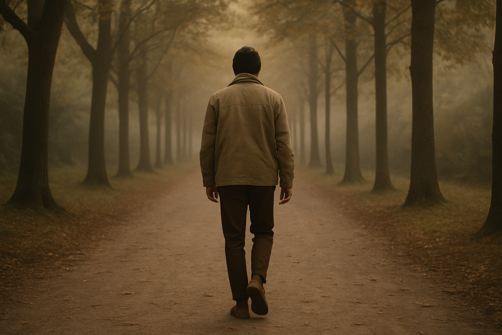 A person walking along a wooded path in soft light