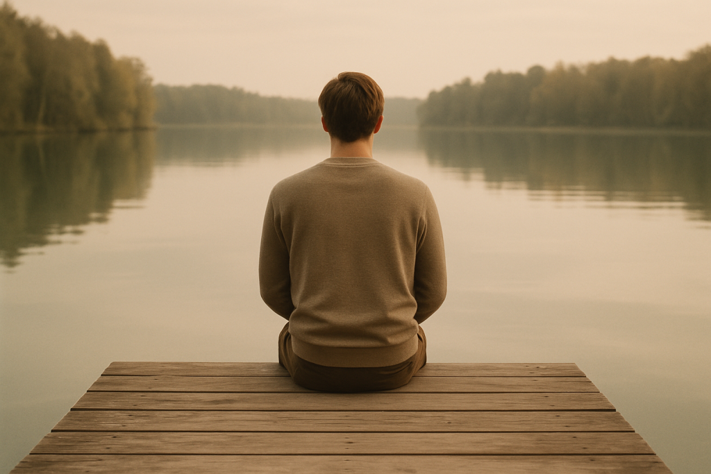 A person sitting on a wooden jetty in front of a still lake