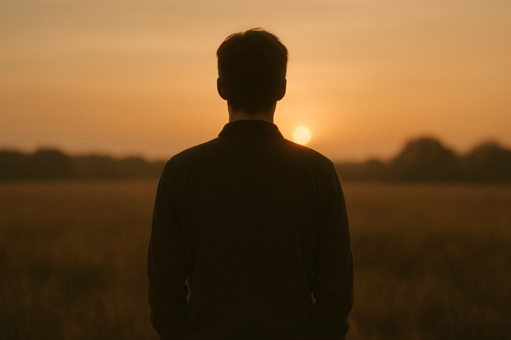 A silhouette against golden evening light in an open field
