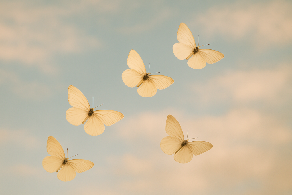 Pale butterflies flying in a soft sky